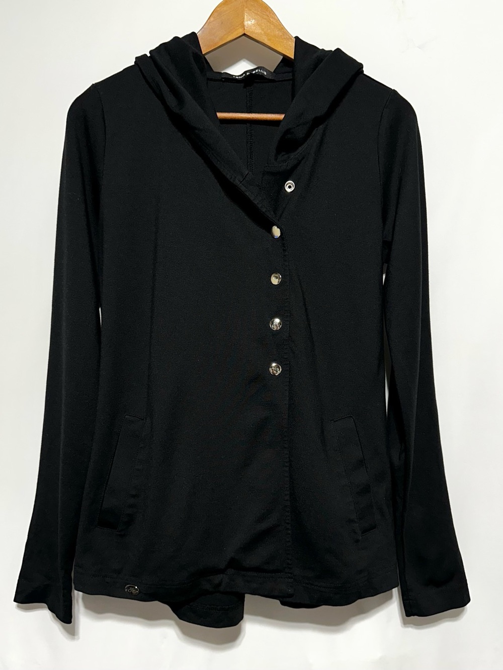 TONIA DEBELLIS Black Asymmetrical Snap Front Hooded Jacket S